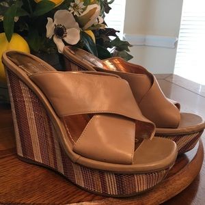 BCBG Tan Leather Wedge Slides